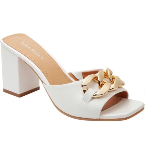 Lisa Vicky Sandals Womens Size 9.5 White Leather Open Toe Heels With Chain - Picture 1 of 9